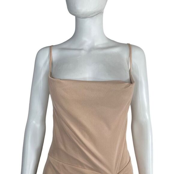 Pretty Little Thing Women’s 8 Nude Ruched Side Split Maternity MIDI Dress Mesh - Picture 2 of 10